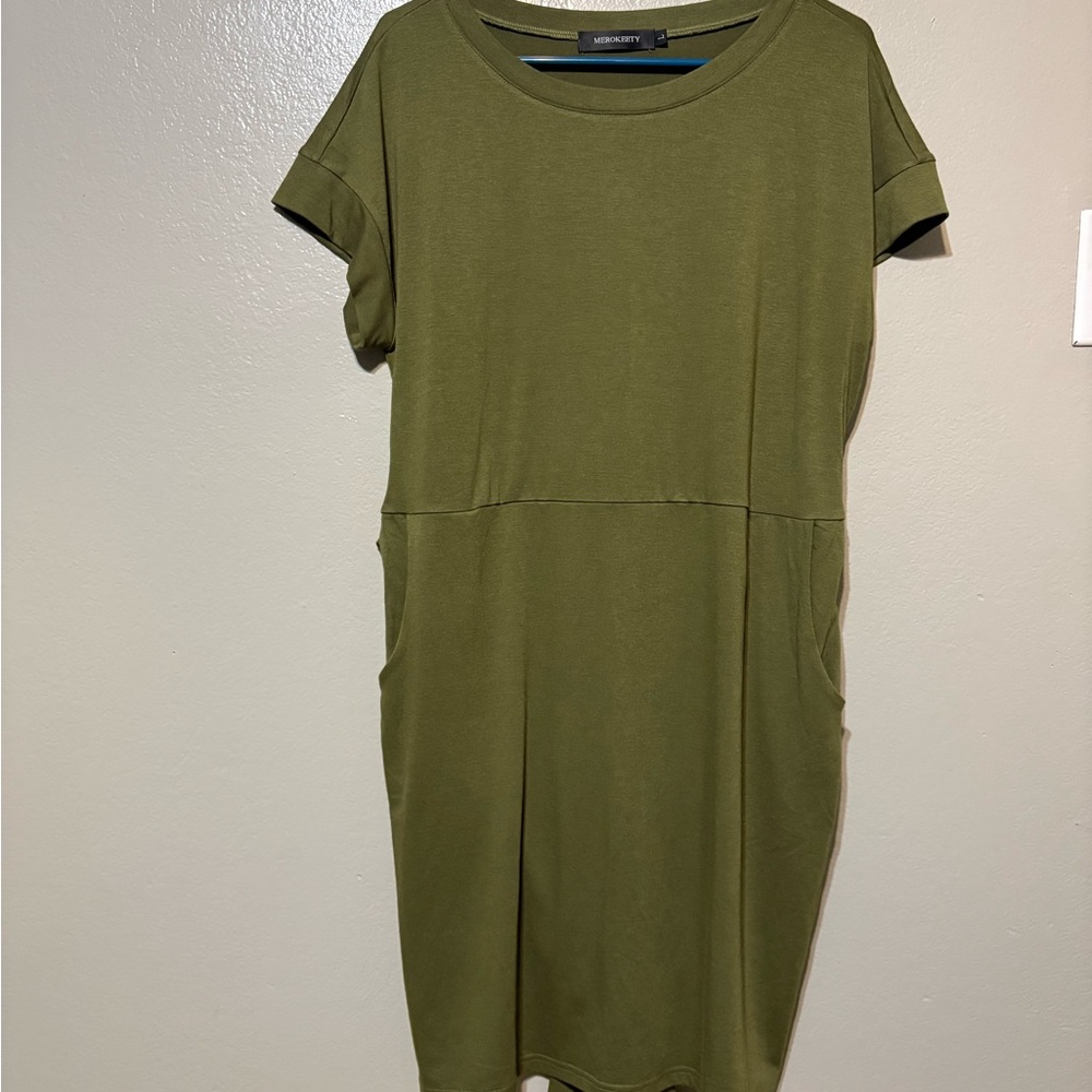 MEROKEETY Olive Green Relaxed Dress Size L
